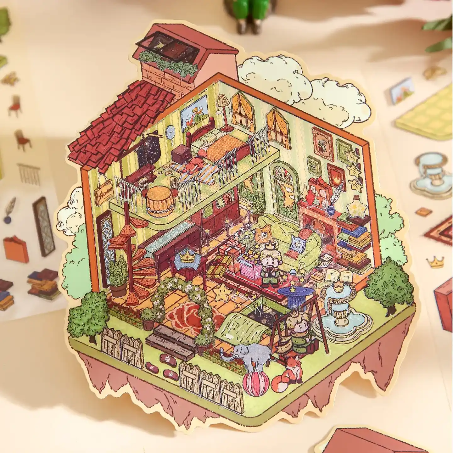 The Little Prince Scene Stickers | 1.0 Series — Cloud House from ASMR Stickers brings a dreamy, celestial world to life. This 3D scene sticker features a floating house among the clouds, filled with cozy rooms, whimsical decorations, and charming animal companions, creating an enchanting and immersive atmosphere. The scene showcases a bedroom with a bed, desk, and bookshelf, a living room with a fireplace and sofa, and an outdoor area with a fountain, swing, and playful animals like an elephant and a fox, adding depth and storytelling. The soft pastel colors, intricate details, and magical elements enhance the fantasy aesthetic, making this sticker visually captivating and unique. Perfect for DIY sticker decoration, planner embellishments, and creative journaling, this miniature sticker scene is ideal for sticker collectors, ASMR enthusiasts, and fantasy lovers. Its high-quality, reusable design makes it a great addition to scrapbooks, themed crafts, and immersive storytelling. Step into the whimsical world of Cloud House with this beautifully crafted sticker set!