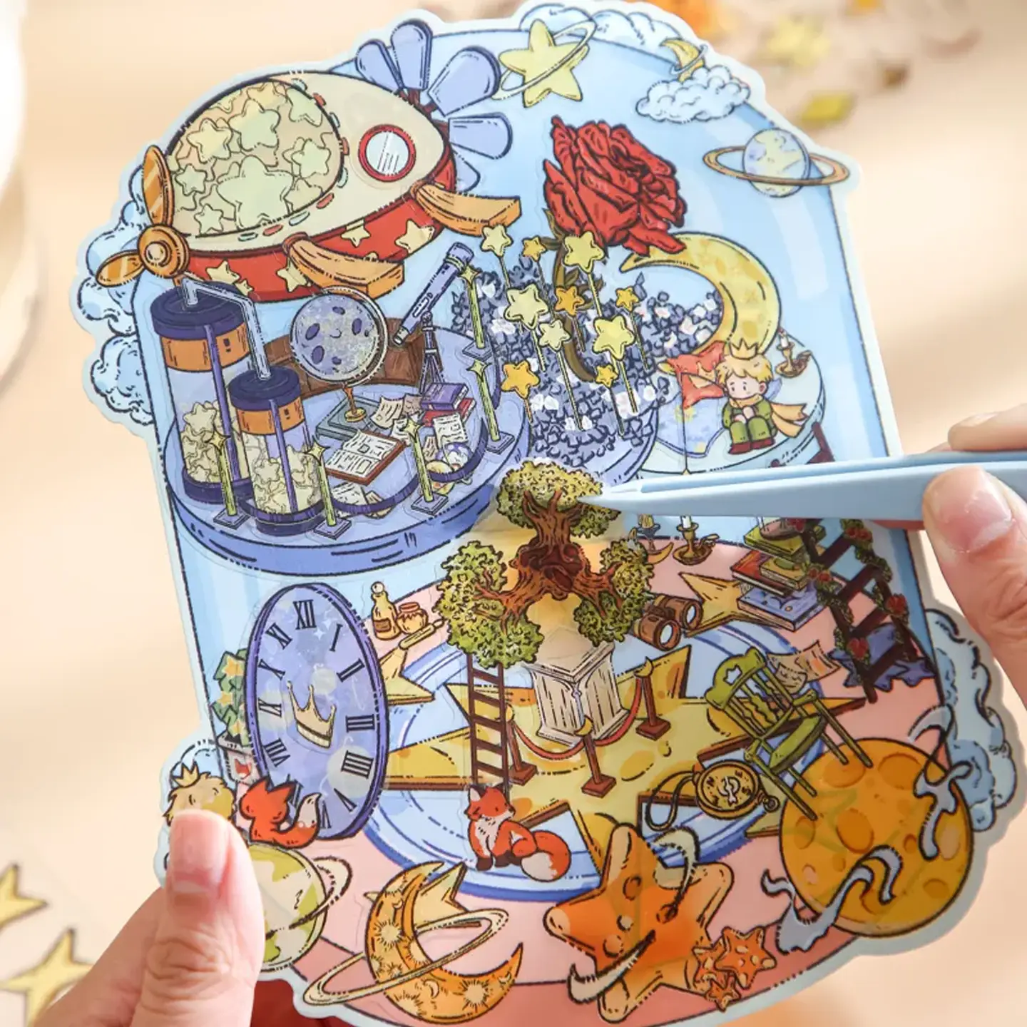 The Little Prince Scene Stickers | 1.0 Series – Galaxy Ship from ASMR Stickers invites you on a cosmic journey through a vibrant universe. This captivating 3D scene sticker transports you to an enchanting realm where a whimsical spaceship sails among swirling nebulae and twinkling stars. The design masterfully captures the spirit of the beloved Little Prince with its imaginative celestial motifs and intricate details, evoking both nostalgia and creative inspiration. Every element is carefully crafted to create a magical visual experience that ignites the imagination—marvel. The Galaxy Ship emerges as a radiant vessel amid a dynamic cosmic backdrop, perfect for DIY sticker decoration, planner embellishments, and creative journaling. Ideal for art lovers, ASMR enthusiasts, and collectors alike, this high-quality, reusable sticker set offers endless creative possibilities. Elevate your projects with the stellar charm of this innovative design, and let it spark your passion for space exploration—splendor.