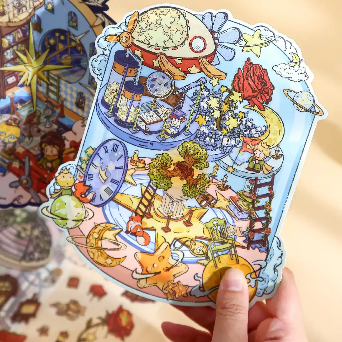 The Little Prince Scene Stickers | 1.0 Series – Galaxy Ship from ASMR Stickers invites you on a cosmic journey through a vibrant universe. This captivating 3D scene sticker transports you to an enchanting realm where a whimsical spaceship sails among swirling nebulae and twinkling stars. The design masterfully captures the spirit of the beloved Little Prince with its imaginative celestial motifs and intricate details, evoking both nostalgia and creative inspiration. Every element is carefully crafted to create a magical visual experience that ignites the imagination—marvel. The Galaxy Ship emerges as a radiant vessel amid a dynamic cosmic backdrop, perfect for DIY sticker decoration, planner embellishments, and creative journaling. Ideal for art lovers, ASMR enthusiasts, and collectors alike, this high-quality, reusable sticker set offers endless creative possibilities. Elevate your projects with the stellar charm of this innovative design, and let it spark your passion for space exploration—splendor.