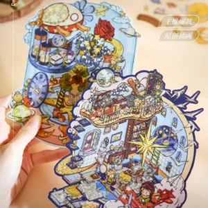 The Little Prince Scene Stickers | 1.0 Series – Star Museum from ASMR Stickers invites you to explore a dazzling world of celestial wonder. This 3D scene sticker depicts an enchanting museum filled with stellar artifacts and astronomical motifs. A magnificent golden star stands proudly at its center, surrounded by telescopes, vintage books, and intricately detailed globes. The Little Prince perches on a balcony, gazing at the cosmos, while another playful character pilots a tiny airplane, adding a spirit of adventure. Every element—from delicate star motifs to meticulously illustrated exhibits—blends fantasy with scientific marvel, creating an immersive display that captivates the imagination. Perfect for DIY sticker decoration, planner embellishments, and creative journaling, this high-quality, reusable sticker set is ideal for art lovers, ASMR enthusiasts, and collectors seeking unique design treasures. Elevate your projects with the magical allure of the Star Museum and experience a universe of creative inspiration unlike any other.