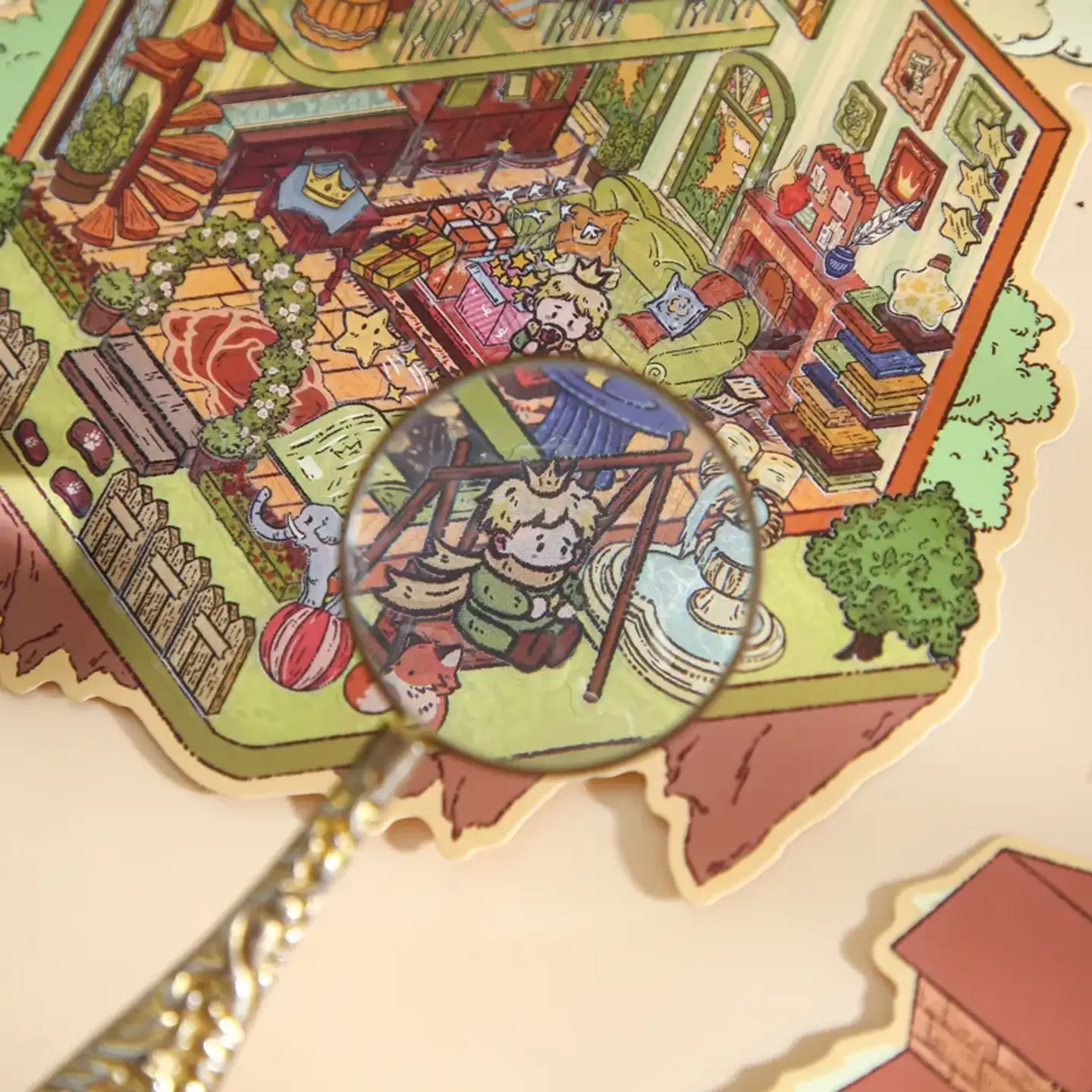 The Little Prince Scene Stickers | 1.0 Series — Cloud House from ASMR Stickers brings a dreamy, celestial world to life. This 3D scene sticker features a floating house among the clouds, filled with cozy rooms, whimsical decorations, and charming animal companions, creating an enchanting and immersive atmosphere. The scene showcases a bedroom with a bed, desk, and bookshelf, a living room with a fireplace and sofa, and an outdoor area with a fountain, swing, and playful animals like an elephant and a fox, adding depth and storytelling. The soft pastel colors, intricate details, and magical elements enhance the fantasy aesthetic, making this sticker visually captivating and unique. Perfect for DIY sticker decoration, planner embellishments, and creative journaling, this miniature sticker scene is ideal for sticker collectors, ASMR enthusiasts, and fantasy lovers. Its high-quality, reusable design makes it a great addition to scrapbooks, themed crafts, and immersive storytelling. Step into the whimsical world of Cloud House with this beautifully crafted sticker set!