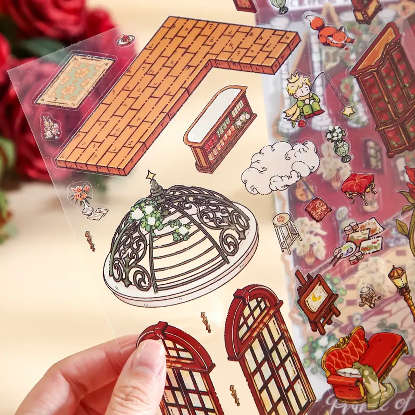 The Little Prince Scene Stickers | 1.0 Series – Rose Collector from ASMR Stickers transports you into a magical garden realm where delicate roses bloom in soft pastel hues. This meticulously designed 3D scene sticker showcases a charming Little Prince as he quietly admires a cluster of intricately illustrated roses. The subtle interplay of light and shadow accentuates every petal, evoking the poetic essence of the beloved tale and inspiring artistic expression. Perfect for DIY sticker decoration, planner embellishments, scrapbooking, and creative journaling, this high-quality, reusable sticker set is ideal for art lovers, ASMR enthusiasts, and collectors seeking unique miniature treasures. Its durable design ensures that every project transforms into a captivating narrative filled with literary charm and stylish allure. Bring a touch of literary magic and creative wonder to your surfaces with this exquisitely crafted Rose Collector sticker set.