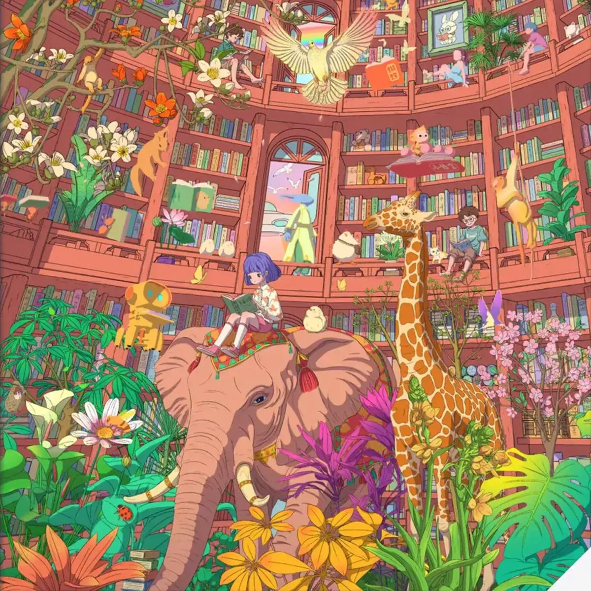 The Whimsical Library Scene Sticker | 3D Scene Sticker from ASMR Stickers transforms your space into a magical realm where classic literature meets exotic nature. This meticulously designed scene sticker features an elegant library filled with vintage books, ornate shelves, and delicate scrollwork, all set against a vibrant tropical rainforest backdrop. A gentle elephant ambles among the book stacks, a graceful giraffe peeks through lush foliage, and playful flying birds glide overhead, infusing the scene with dynamic, natural charm. Wonder Its rich details, vivid colors, and innovative fusion of scholarly elegance with wild beauty make it an ideal addition to any creative project. Ideal for art lovers, ASMR enthusiasts, and collectors seeking a blend of literary elegance and natural wonder.
