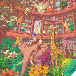 The Whimsical Library Scene Sticker | 3D Scene Sticker from ASMR Stickers transforms your space into a magical realm where classic literature meets exotic nature. This meticulously designed scene sticker features an elegant library filled with vintage books, ornate shelves, and delicate scrollwork, all set against a vibrant tropical rainforest backdrop. A gentle elephant ambles among the book stacks, a graceful giraffe peeks through lush foliage, and playful flying birds glide overhead, infusing the scene with dynamic, natural charm. Wonder Its rich details, vivid colors, and innovative fusion of scholarly elegance with wild beauty make it an ideal addition to any creative project. Ideal for art lovers, ASMR enthusiasts, and collectors seeking a blend of literary elegance and natural wonder.