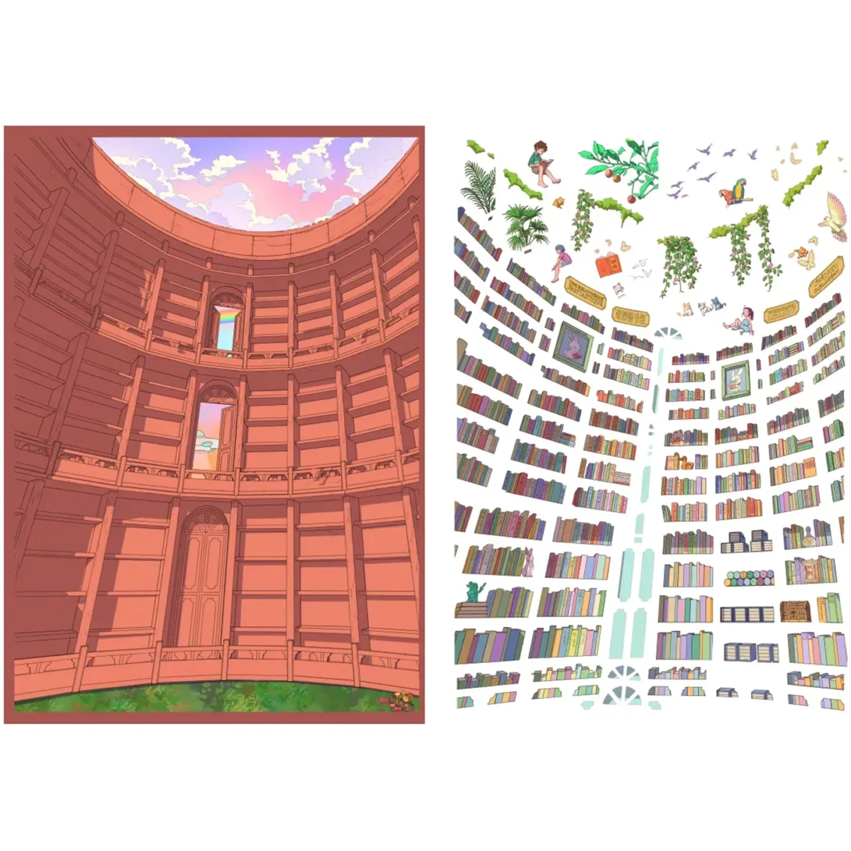 The Whimsical Library Scene Sticker | 3D Scene Sticker from ASMR Stickers transforms your space into a magical realm where classic literature meets exotic nature. This meticulously designed scene sticker features an elegant library filled with vintage books, ornate shelves, and delicate scrollwork, all set against a vibrant tropical rainforest backdrop. A gentle elephant ambles among the book stacks, a graceful giraffe peeks through lush foliage, and playful flying birds glide overhead, infusing the scene with dynamic, natural charm. Wonder Its rich details, vivid colors, and innovative fusion of scholarly elegance with wild beauty make it an ideal addition to any creative project. Ideal for art lovers, ASMR enthusiasts, and collectors seeking a blend of literary elegance and natural wonder.