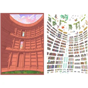 The Whimsical Library Scene Sticker | 3D Scene Sticker from ASMR Stickers transforms your space into a magical realm where classic literature meets exotic nature. This meticulously designed scene sticker features an elegant library filled with vintage books, ornate shelves, and delicate scrollwork, all set against a vibrant tropical rainforest backdrop. A gentle elephant ambles among the book stacks, a graceful giraffe peeks through lush foliage, and playful flying birds glide overhead, infusing the scene with dynamic, natural charm. Wonder Its rich details, vivid colors, and innovative fusion of scholarly elegance with wild beauty make it an ideal addition to any creative project. Ideal for art lovers, ASMR enthusiasts, and collectors seeking a blend of literary elegance and natural wonder.