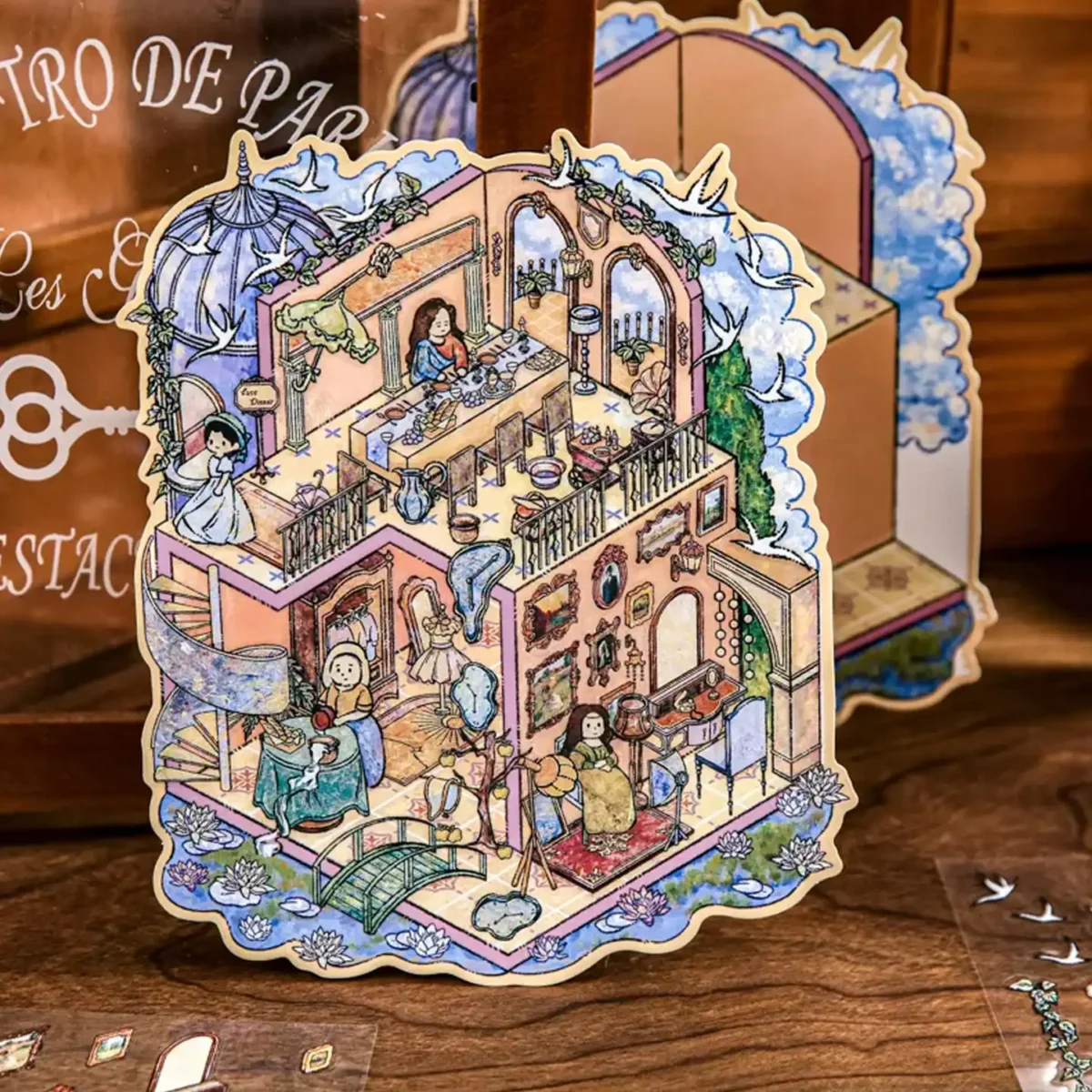 The 3D Art Scene Stickers – Monet’s Tea Party Themes from ASMR Stickers brings Claude Monet’s iconic brushwork to life in a whimsical, multi-level tea party setting. Each female figure in the scene is inspired by women from Monet’s oil paintings—graceful muses reminiscent of works like Woman with a Parasol and Women in the Garden. These impressionist characters gather in a charming house filled with floral patterns, soft lighting, and painterly textures that echo Monet’s signature style. Crafted with high-quality PET material, this 3D scene sticker offers depth, elegance, and storytelling charm. Perfect for DIY decoration, planner embellishments, and creative journaling, it’s a must-have for art lovers, ASMR enthusiasts, and collectors seeking a blend of fine art and fantasy.