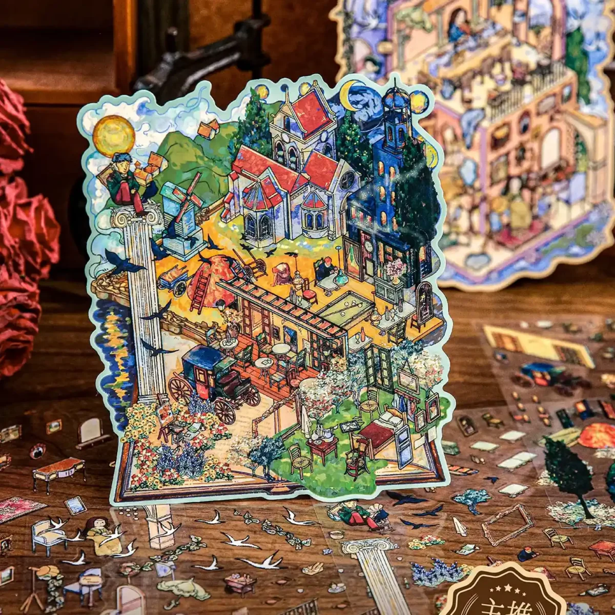 The 3D Art Scene Stickers – Van Gogh’s Dreamscape from ASMR Stickers immerses you in an artistic scene sticker that blends storytelling with the rich textures of oil painting style. Inspired by Van Gogh’s vibrant brushstrokes, this sticker captures a luminous countryside, featuring a windmill, café terrace, horse carriage, stone bridge, and a quaint church set against a swirling sky. Rendered in layered PET material, each detail pops with depth and painterly charm, turning your journal or planner into a miniature canvas. The bold use of color and texture evokes the emotional energy of a fine art piece, reimagined as a 3D sticker. Perfect for DIY decoration, creative journaling, and art-themed crafts, this reusable sticker is an ideal choice for collectors, ASMR fans, and art lovers who seek a whimsical yet refined visual touch. Let Van Gogh’s Dreamscape breathe life into your projects with a masterful mix of nostalgia and creativity.