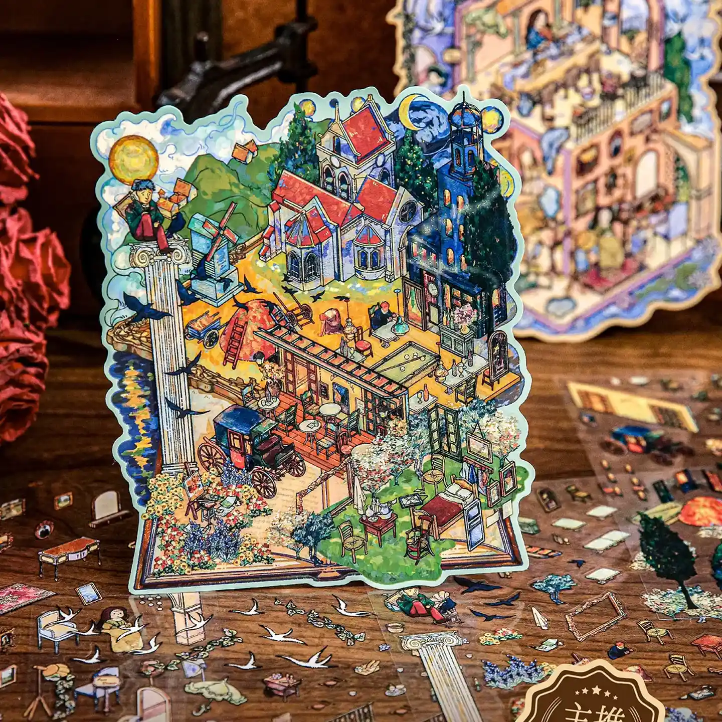 The 3D Art Scene Stickers – Van Gogh’s Dreamscape from ASMR Stickers immerses you in an artistic scene sticker that blends storytelling with the rich textures of oil painting style. Inspired by Van Gogh’s vibrant brushstrokes, this sticker captures a luminous countryside, featuring a windmill, café terrace, horse carriage, stone bridge, and a quaint church set against a swirling sky. Rendered in layered PET material, each detail pops with depth and painterly charm, turning your journal or planner into a miniature canvas. The bold use of color and texture evokes the emotional energy of a fine art piece, reimagined as a 3D sticker. Perfect for DIY decoration, creative journaling, and art-themed crafts, this reusable sticker is an ideal choice for collectors, ASMR fans, and art lovers who seek a whimsical yet refined visual touch. Let Van Gogh’s Dreamscape breathe life into your projects with a masterful mix of nostalgia and creativity.
