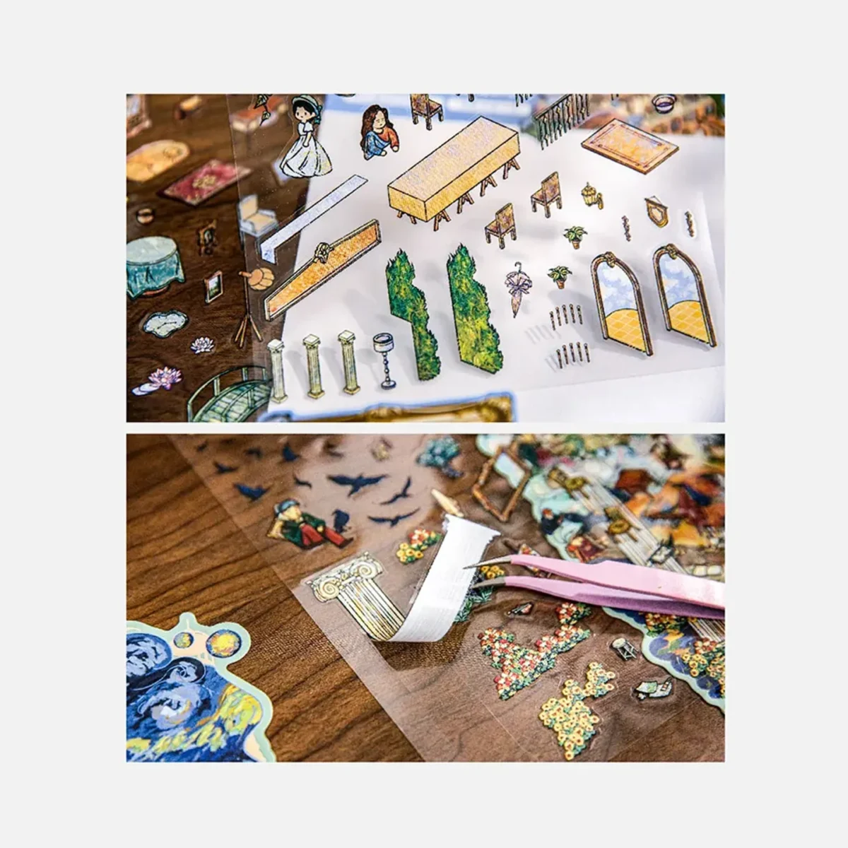 The 3D Art Scene Stickers – Van Gogh’s Dreamscape from ASMR Stickers immerses you in an artistic scene sticker that blends storytelling with the rich textures of oil painting style. Inspired by Van Gogh’s vibrant brushstrokes, this sticker captures a luminous countryside, featuring a windmill, café terrace, horse carriage, stone bridge, and a quaint church set against a swirling sky. Rendered in layered PET material, each detail pops with depth and painterly charm, turning your journal or planner into a miniature canvas. The bold use of color and texture evokes the emotional energy of a fine art piece, reimagined as a 3D sticker. Perfect for DIY decoration, creative journaling, and art-themed crafts, this reusable sticker is an ideal choice for collectors, ASMR fans, and art lovers who seek a whimsical yet refined visual touch. Let Van Gogh’s Dreamscape breathe life into your projects with a masterful mix of nostalgia and creativity.