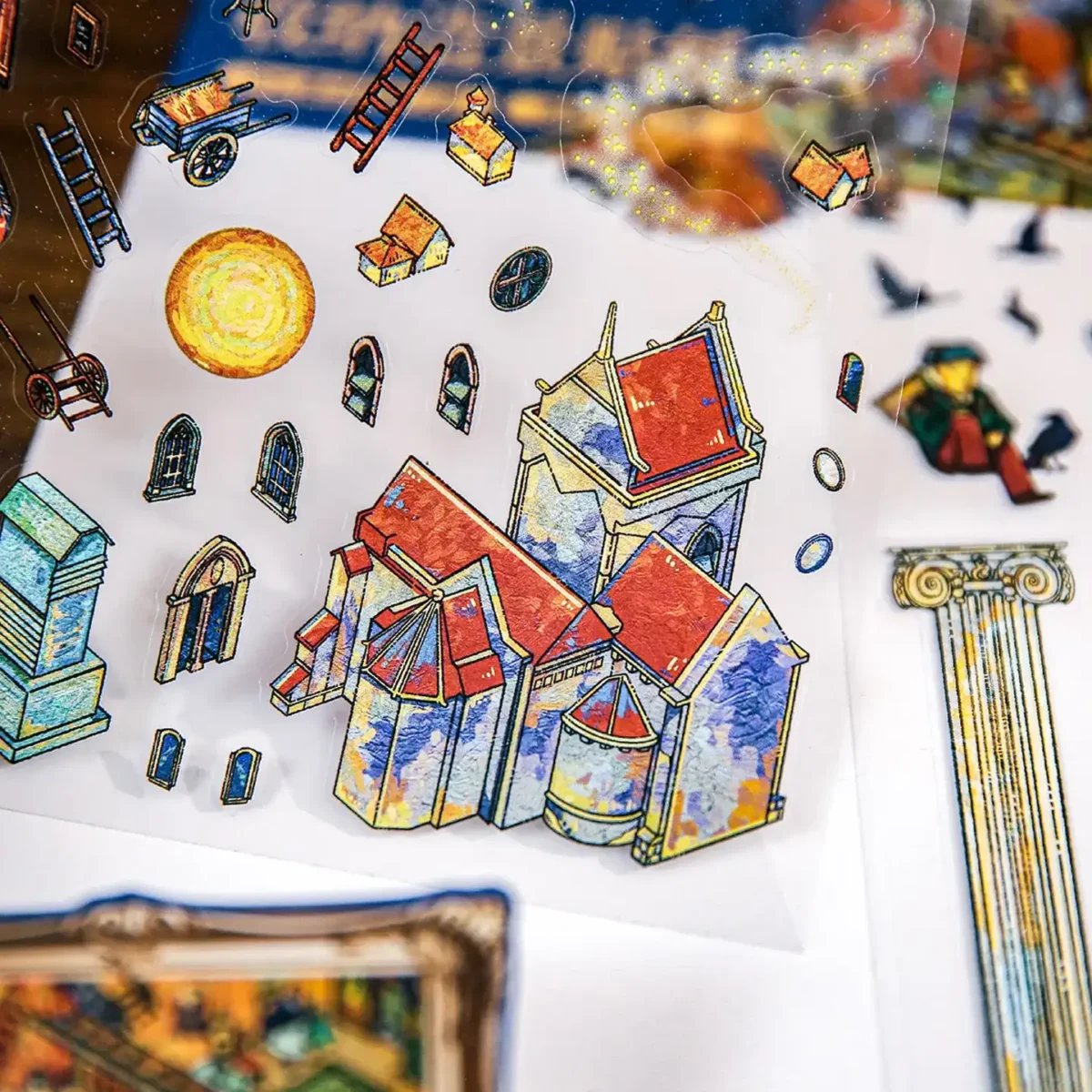 The 3D Art Scene Stickers – Van Gogh’s Dreamscape from ASMR Stickers immerses you in an artistic scene sticker that blends storytelling with the rich textures of oil painting style. Inspired by Van Gogh’s vibrant brushstrokes, this sticker captures a luminous countryside, featuring a windmill, café terrace, horse carriage, stone bridge, and a quaint church set against a swirling sky. Rendered in layered PET material, each detail pops with depth and painterly charm, turning your journal or planner into a miniature canvas. The bold use of color and texture evokes the emotional energy of a fine art piece, reimagined as a 3D sticker. Perfect for DIY decoration, creative journaling, and art-themed crafts, this reusable sticker is an ideal choice for collectors, ASMR fans, and art lovers who seek a whimsical yet refined visual touch. Let Van Gogh’s Dreamscape breathe life into your projects with a masterful mix of nostalgia and creativity.