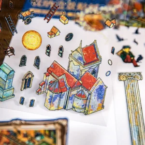 The 3D Art Scene Stickers – Van Gogh’s Dreamscape from ASMR Stickers immerses you in an artistic scene sticker that blends storytelling with the rich textures of oil painting style. Inspired by Van Gogh’s vibrant brushstrokes, this sticker captures a luminous countryside, featuring a windmill, café terrace, horse carriage, stone bridge, and a quaint church set against a swirling sky. Rendered in layered PET material, each detail pops with depth and painterly charm, turning your journal or planner into a miniature canvas. The bold use of color and texture evokes the emotional energy of a fine art piece, reimagined as a 3D sticker. Perfect for DIY decoration, creative journaling, and art-themed crafts, this reusable sticker is an ideal choice for collectors, ASMR fans, and art lovers who seek a whimsical yet refined visual touch. Let Van Gogh’s Dreamscape breathe life into your projects with a masterful mix of nostalgia and creativity.