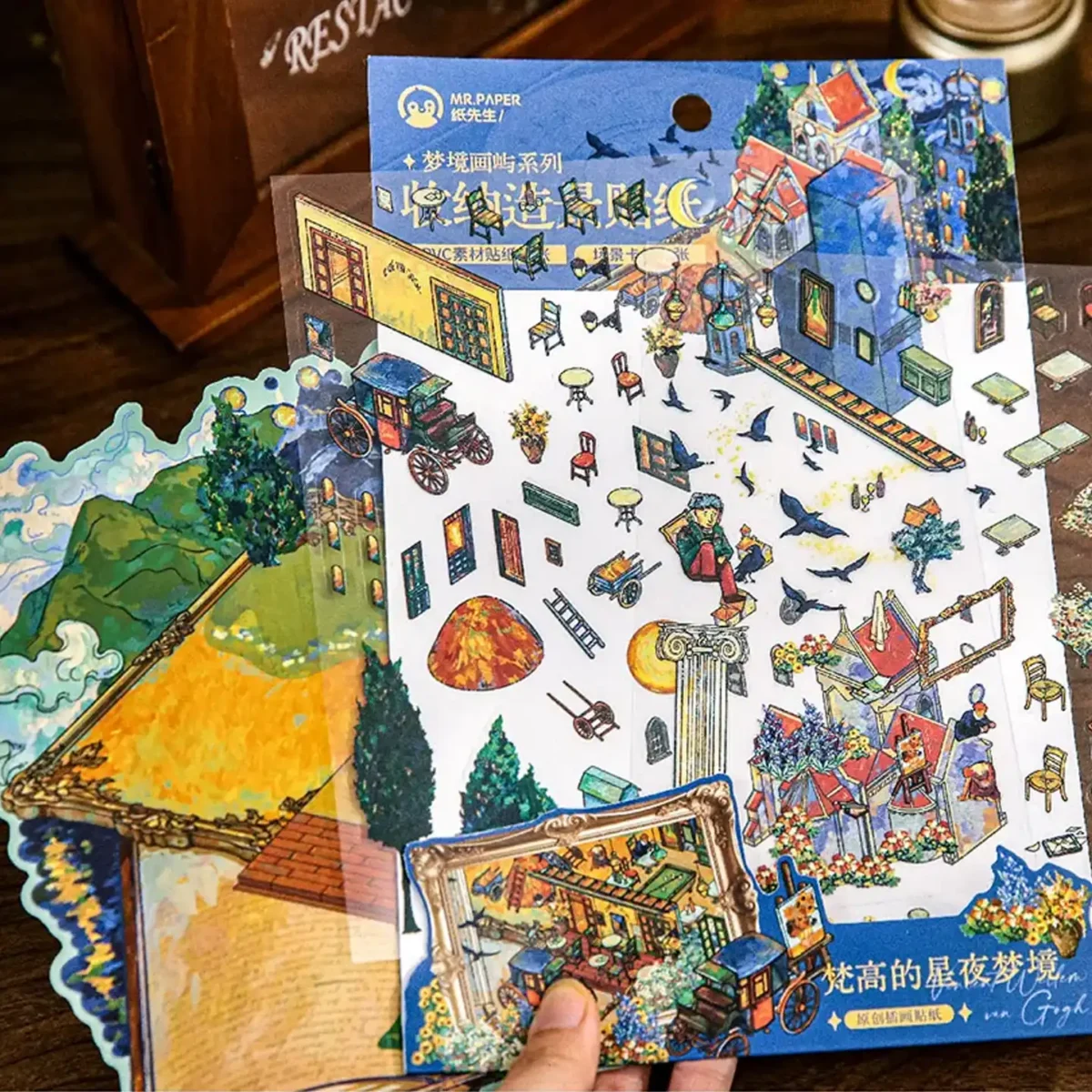 The 3D Art Scene Stickers – Van Gogh’s Dreamscape from ASMR Stickers immerses you in an artistic scene sticker that blends storytelling with the rich textures of oil painting style. Inspired by Van Gogh’s vibrant brushstrokes, this sticker captures a luminous countryside, featuring a windmill, café terrace, horse carriage, stone bridge, and a quaint church set against a swirling sky. Rendered in layered PET material, each detail pops with depth and painterly charm, turning your journal or planner into a miniature canvas. The bold use of color and texture evokes the emotional energy of a fine art piece, reimagined as a 3D sticker. Perfect for DIY decoration, creative journaling, and art-themed crafts, this reusable sticker is an ideal choice for collectors, ASMR fans, and art lovers who seek a whimsical yet refined visual touch. Let Van Gogh’s Dreamscape breathe life into your projects with a masterful mix of nostalgia and creativity.