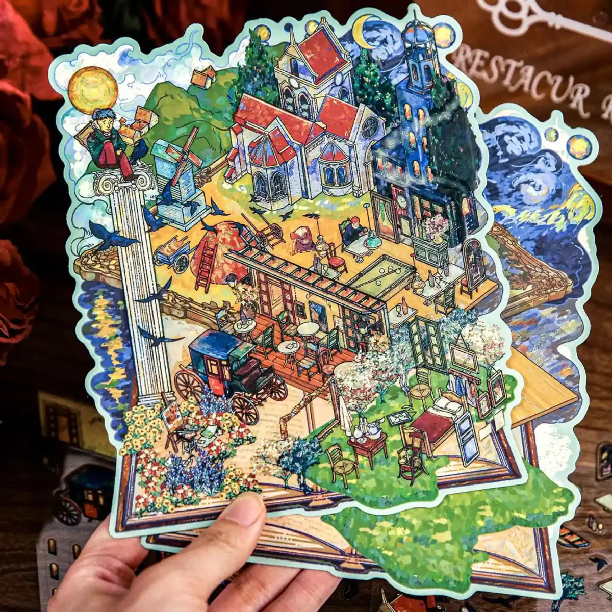 The 3D Art Scene Stickers – Van Gogh’s Dreamscape from ASMR Stickers immerses you in an artistic scene sticker that blends storytelling with the rich textures of oil painting style. Inspired by Van Gogh’s vibrant brushstrokes, this sticker captures a luminous countryside, featuring a windmill, café terrace, horse carriage, stone bridge, and a quaint church set against a swirling sky. Rendered in layered PET material, each detail pops with depth and painterly charm, turning your journal or planner into a miniature canvas. The bold use of color and texture evokes the emotional energy of a fine art piece, reimagined as a 3D sticker. Perfect for DIY decoration, creative journaling, and art-themed crafts, this reusable sticker is an ideal choice for collectors, ASMR fans, and art lovers who seek a whimsical yet refined visual touch. Let Van Gogh’s Dreamscape breathe life into your projects with a masterful mix of nostalgia and creativity.