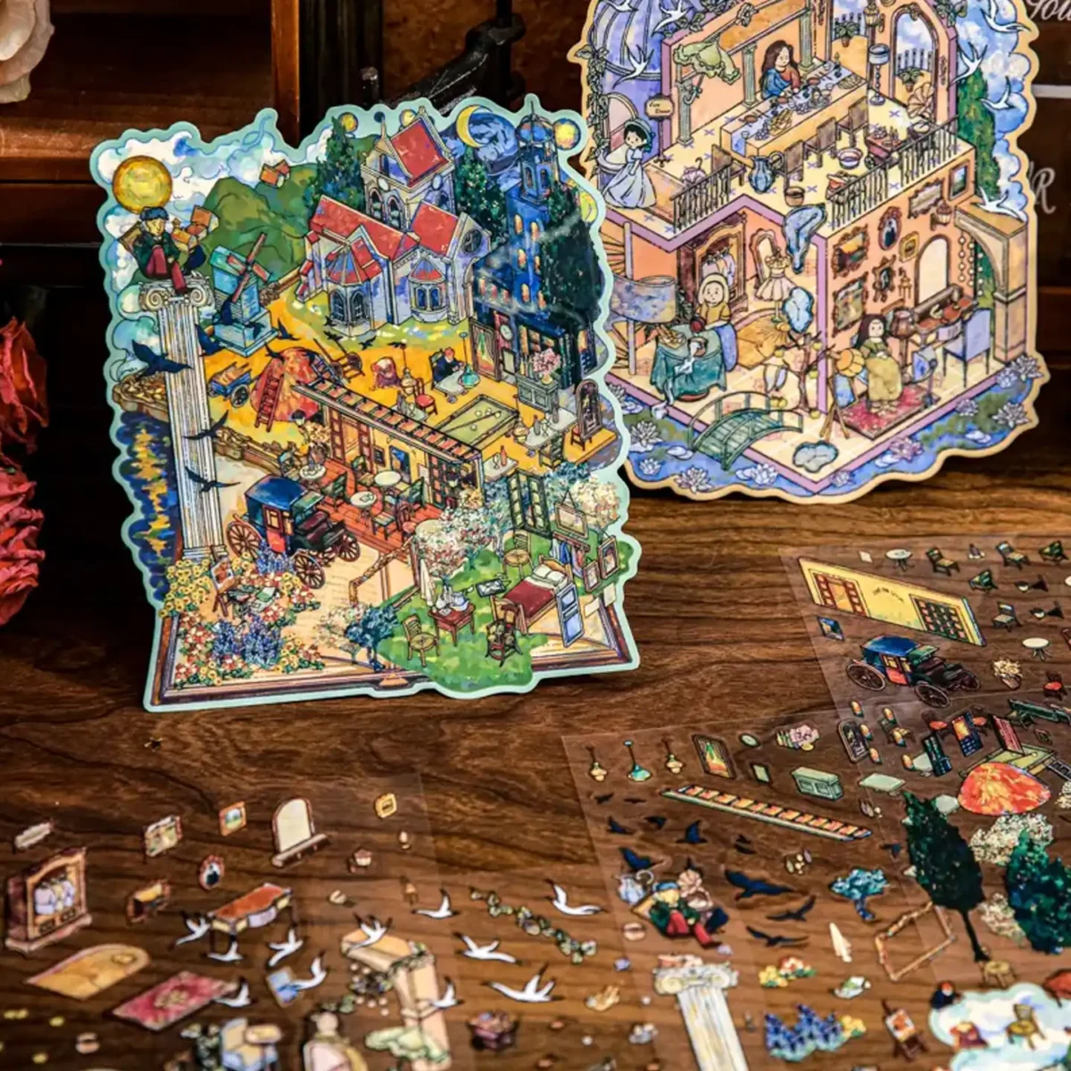 The 3D Art Scene Stickers – Van Gogh’s Dreamscape & Monet’s Tea Party from ASMR Stickers blend fine art with miniature storytelling in a stunning layered format. Inspired by the expressive brushstrokes of Van Gogh and the soft impressionism of Monet, this set features two distinct scenes: a vibrant countryside village with a windmill, café terrace, and horse-drawn carriage, and a whimsical tea party hosted by Monet’s iconic muses in a multi-level home filled with floral charm. Crafted with high-quality PET material, each sticker offers depth, texture, and painterly elegance, making them perfect for DIY decoration, planner embellishments, and creative journaling. Ideal for art lovers, ASMR fans, and collectors, this set transforms your projects into immersive visual narratives that celebrate the beauty of classic art.