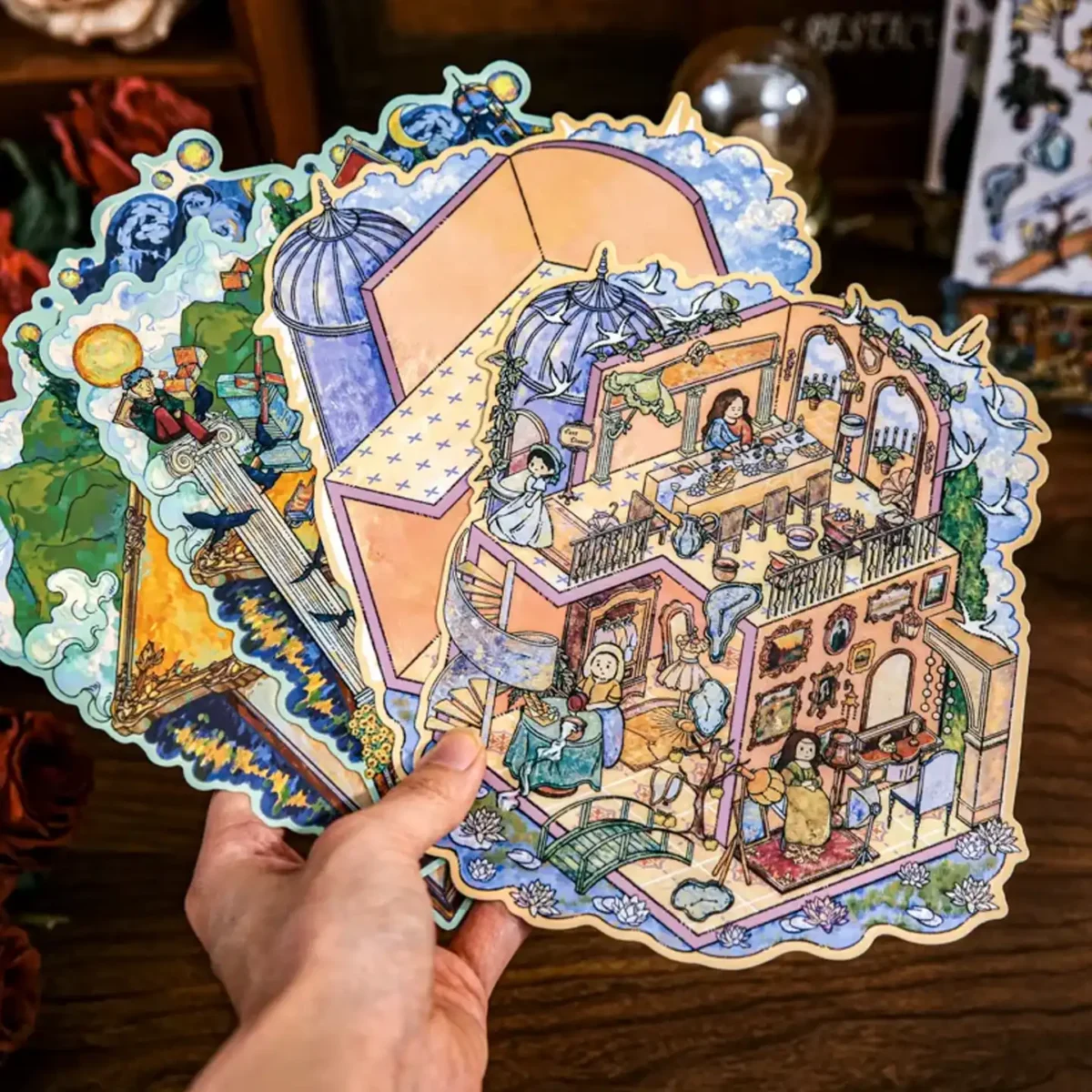 The 3D Art Scene Stickers – Monet’s Tea Party Themes from ASMR Stickers brings Claude Monet’s iconic brushwork to life in a whimsical, multi-level tea party setting. Each female figure in the scene is inspired by women from Monet’s oil paintings—graceful muses reminiscent of works like Woman with a Parasol and Women in the Garden. These impressionist characters gather in a charming house filled with floral patterns, soft lighting, and painterly textures that echo Monet’s signature style. Crafted with high-quality PET material, this 3D scene sticker offers depth, elegance, and storytelling charm. Perfect for DIY decoration, planner embellishments, and creative journaling, it’s a must-have for art lovers, ASMR enthusiasts, and collectors seeking a blend of fine art and fantasy.