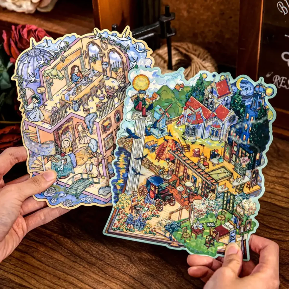 The 3D Art Scene Stickers – Van Gogh’s Dreamscape & Monet’s Tea Party from ASMR Stickers blend fine art with miniature storytelling in a stunning layered format. Inspired by the expressive brushstrokes of Van Gogh and the soft impressionism of Monet, this set features two distinct scenes: a vibrant countryside village with a windmill, café terrace, and horse-drawn carriage, and a whimsical tea party hosted by Monet’s iconic muses in a multi-level home filled with floral charm. Crafted with high-quality PET material, each sticker offers depth, texture, and painterly elegance, making them perfect for DIY decoration, planner embellishments, and creative journaling. Ideal for art lovers, ASMR fans, and collectors, this set transforms your projects into immersive visual narratives that celebrate the beauty of classic art.