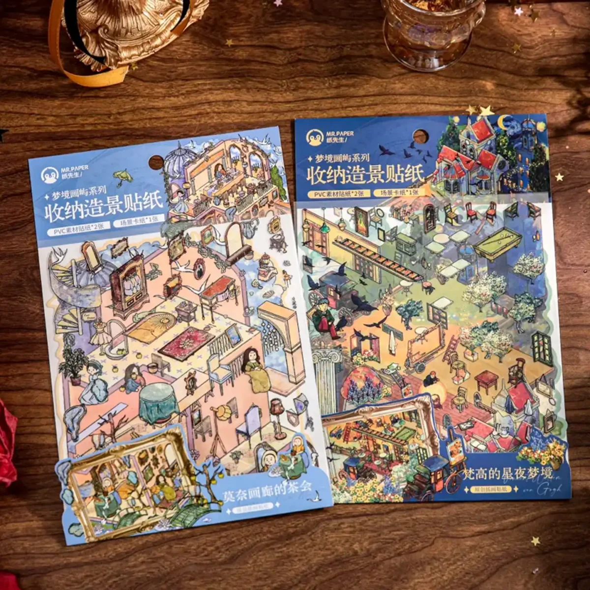 The 3D Art Scene Stickers – Van Gogh’s Dreamscape & Monet’s Tea Party from ASMR Stickers blend fine art with miniature storytelling in a stunning layered format. Inspired by the expressive brushstrokes of Van Gogh and the soft impressionism of Monet, this set features two distinct scenes: a vibrant countryside village with a windmill, café terrace, and horse-drawn carriage, and a whimsical tea party hosted by Monet’s iconic muses in a multi-level home filled with floral charm. Crafted with high-quality PET material, each sticker offers depth, texture, and painterly elegance, making them perfect for DIY decoration, planner embellishments, and creative journaling. Ideal for art lovers, ASMR fans, and collectors, this set transforms your projects into immersive visual narratives that celebrate the beauty of classic art.