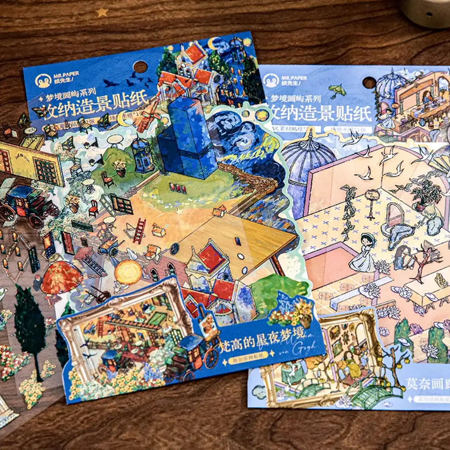 The 3D Art Scene Stickers – Van Gogh’s Dreamscape & Monet’s Tea Party from ASMR Stickers blend fine art with miniature storytelling in a stunning layered format. Inspired by the expressive brushstrokes of Van Gogh and the soft impressionism of Monet, this set features two distinct scenes: a vibrant countryside village with a windmill, café terrace, and horse-drawn carriage, and a whimsical tea party hosted by Monet’s iconic muses in a multi-level home filled with floral charm. Crafted with high-quality PET material, each sticker offers depth, texture, and painterly elegance, making them perfect for DIY decoration, planner embellishments, and creative journaling. Ideal for art lovers, ASMR fans, and collectors, this set transforms your projects into immersive visual narratives that celebrate the beauty of classic art.