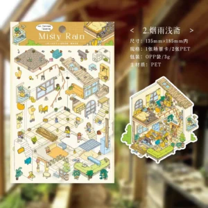 The 3D Scene Sticker Set – 4 Themes: Misty Rain from ASMR Stickers captures the gentle beauty of rainy days through intricately layered miniature scenes. This 3D sticker set features cozy indoor spaces nestled within a dreamy, rain-soaked atmosphere—each theme portraying a unique corner of life under misty skies. From a bedroom with flowing curtains and soft lighting, to a garden-view living room filled with plants and books, every detail evokes warmth and serenity. Characters engage in quiet moments—reading, sipping tea, or simply gazing out the window—while raindrops patter against glass panes and lush greenery thrives outside. The layered PET design adds depth and realism, making each sticker feel like a tiny diorama. Perfect for DIY sticker decoration, planner embellishments, and creative journaling, this high-quality, reusable sticker set is ideal for art lovers, ASMR enthusiasts, and collectors. Let the Misty Rain series infuse your projects with poetic calm and delicate storytelling.