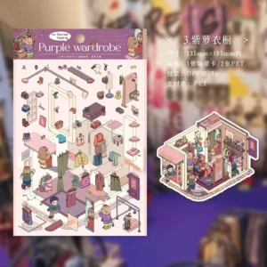 Add a pop of personality to your crafts with ASMR Stickers' 3D Scene Sticker Set – 4 Themes: Purple Wardrobe. This delightful set features layered miniature wardrobes, playful characters, cozy corners, and charming details—all in a vibrant purple theme. Made with PET material for a glossy, dimensional finish, these stickers are perfect for decorating journals, planners, and DIY projects. Ideal for fashion lovers and collectors alike, this set brings cozy nostalgia and creative flair to every page.