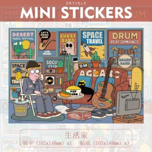 Add retro cool to your crafts with ASMR Stickers’ American Retro Scene Sticker Set | Chill Room. This 3D layered scene sticker captures a laid-back lounge full of vintage band posters, floating vinyl records, a chill cat on the couch, guitars, skateboards, and playful details like popcorn and a “Happy Water” bucket. Perfect for planners, scrapbooks, journals, and DIY projects, these dimensional scene stickers infuse every page with nostalgic American retro vibes and fun personality.