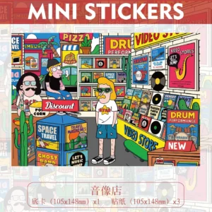 ASMR Stickers’ American Retro Scene Sticker Set | Groove Shop whisks you into a vintage video store and pizza counter brimming with posters, record racks, arcade cabinets, popcorn stands, and quirky retro characters. Crafted with layered PET for depth, these 3D scene stickers are perfect for scrapbooks, journals, planners, and DIY projects. Infuse your designs with playful ’80s flair, nostalgic American vibes, and groovy charm—ideal for collectors and crafters craving a fun, vibrant twist.