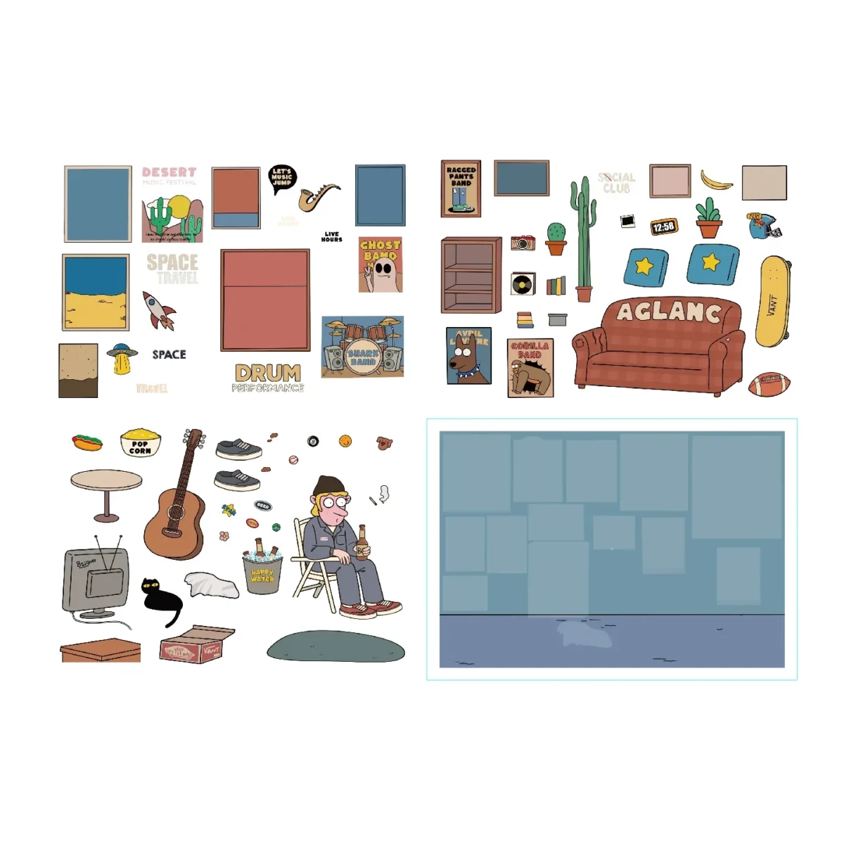 Add retro cool to your crafts with ASMR Stickers’ American Retro Scene Sticker Set | Chill Room. This 3D layered scene sticker captures a laid-back lounge full of vintage band posters, floating vinyl records, a chill cat on the couch, guitars, skateboards, and playful details like popcorn and a “Happy Water” bucket. Perfect for planners, scrapbooks, journals, and DIY projects, these dimensional scene stickers infuse every page with nostalgic American retro vibes and fun personality.