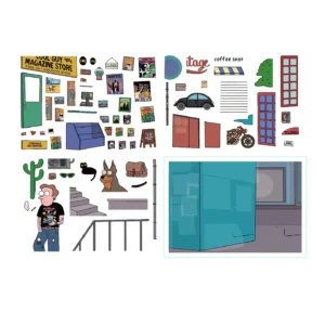 Rev up your creativity with ASMR Stickers’ American Retro Scene Sticker Set | Biker Guy. This 3D layered scene sticker features a tattooed biker sipping a drink outside a vintage magazine store, complete with a coffee shop, telephone booth, dog, and cat. Crafted from high-quality PET material, it adds depth and retro flair to scrapbooks, journals, planners, and DIY projects. Infuse your pages with bold American nostalgia, eclectic details, and playful personality!