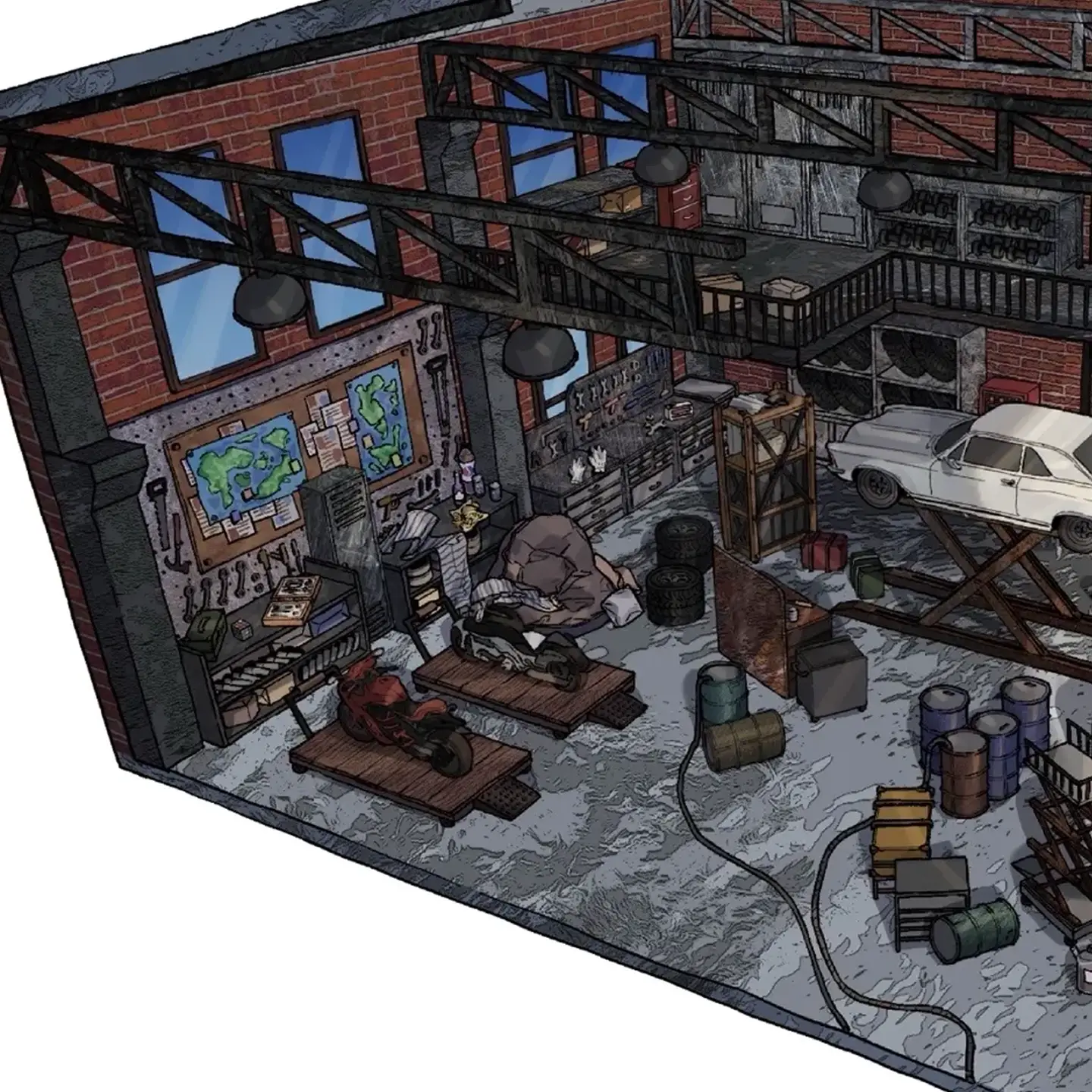 The Auto Repair Plant Scene Sticker | 3D Scene Sticker from ASMR Stickers captures the gritty charm of a bustling mechanic’s workshop. This intricately designed sticker features a white car elevated on a lift, a red motorcycle on a workbench, and a large tractor, all surrounded by barrels, crates, and essential repair tools. Wall-mounted maps and diagrams add an authentic industrial touch, while the layered 3D elements bring the scene to life with depth and realism. Precision Perfect for DIY sticker decoration, planner embellishments, and creative journaling, this high-quality, reusable sticker set is ideal for automotive fans, ASMR enthusiasts, and collectors. Whether you're crafting a story or adding flair to your workspace, this sticker delivers a unique blend of mechanical artistry and nostalgic workshop vibes. Character. You can explore more designs on ASMR Stickers' official site.