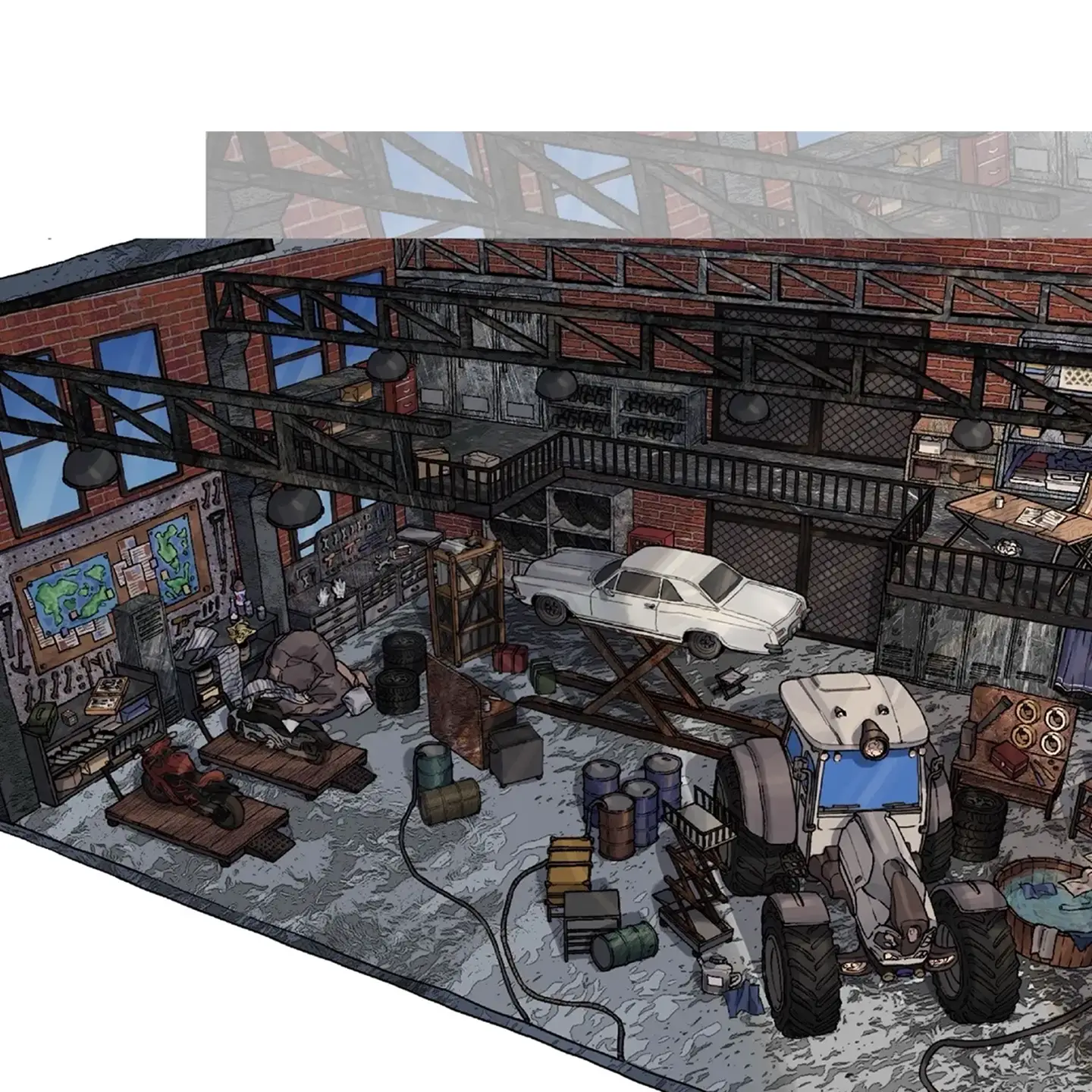 The Auto Repair Plant Scene Sticker | 3D Scene Sticker from ASMR Stickers captures the gritty charm of a bustling mechanic’s workshop. This intricately designed sticker features a white car elevated on a lift, a red motorcycle on a workbench, and a large tractor, all surrounded by barrels, crates, and essential repair tools. Wall-mounted maps and diagrams add an authentic industrial touch, while the layered 3D elements bring the scene to life with depth and realism. Precision Perfect for DIY sticker decoration, planner embellishments, and creative journaling, this high-quality, reusable sticker set is ideal for automotive fans, ASMR enthusiasts, and collectors. Whether you're crafting a story or adding flair to your workspace, this sticker delivers a unique blend of mechanical artistry and nostalgic workshop vibes. Character. You can explore more designs on ASMR Stickers' official site.