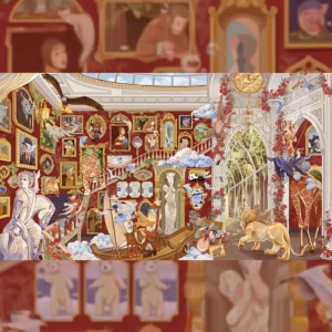Step into a realm of wonder and enchantment with the Magical Night at the Art Museum | 3D Scene Sticker from ASMR Stickers. This captivating design transports you into a surreal museum bathed in moonlight, where grand arches, a soaring glass ceiling, and walls adorned with framed paintings, portraits, and evocative sculptures create a breathtaking setting. A majestic tiger gracefully navigates a sweeping staircase while a drifting boat features an artist capturing the image of a lion. Ethereal clouds, soaring birds, and playful depictions of a panda, giraffe, and eagle merge art and nature into a vivid nocturnal tableau enhanced by delicate lighting and intricate details. Crafted with high-quality, reusable PET materials, this SEO-friendly 3D scene sticker offers a diorama-like experience perfect for DIY décor, planner embellishments, scrapbooking, and creative journaling. Ideal for art lovers, collectors, and ASMR enthusiasts, this museum-inspired masterpiece elevates your projects with a blend of magic and mystery.