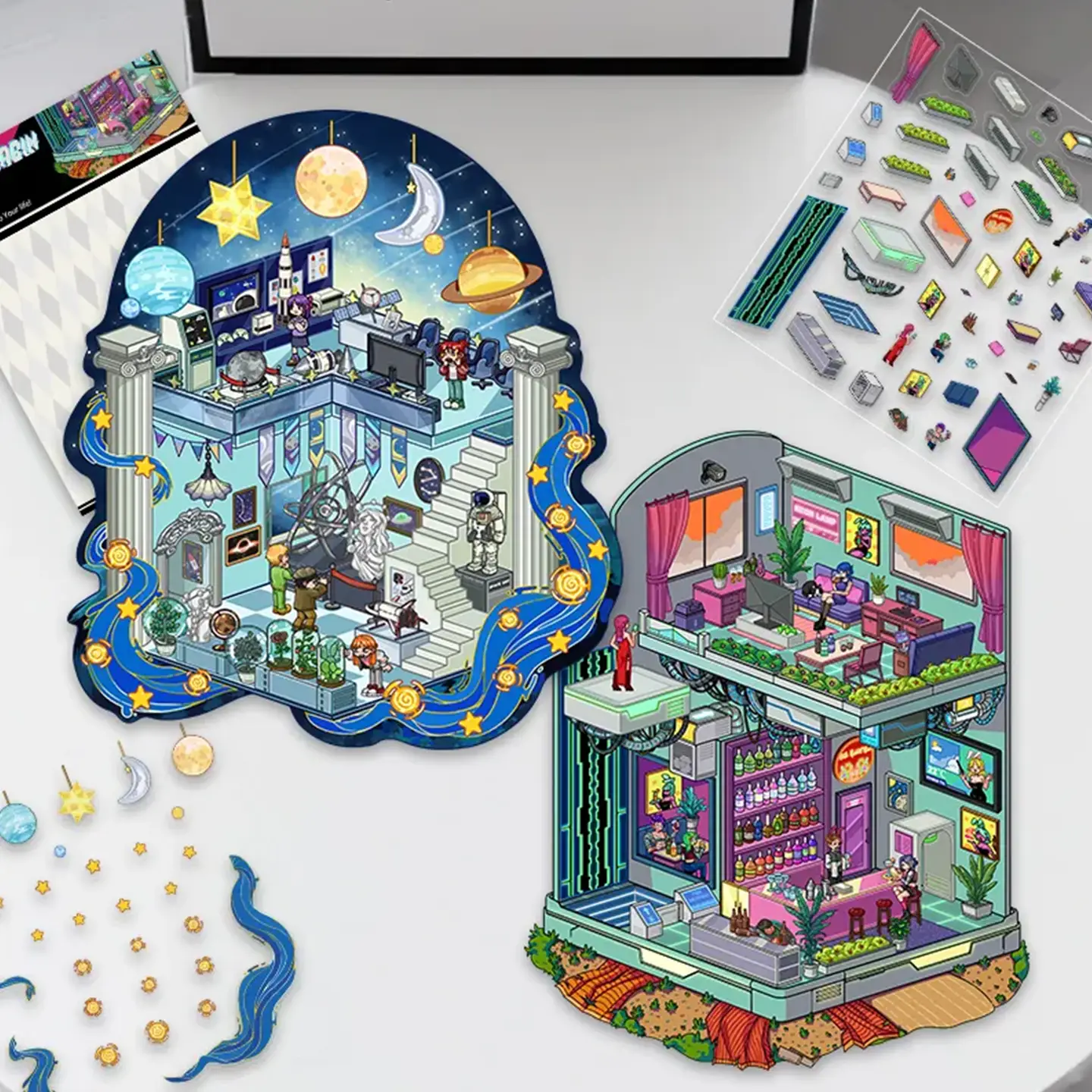 Discover two captivating worlds with ASMR Stickers’ 3D Scene Stickers | Cyber Room & Astronomy Museum. Cyber Room features a neon-lit lounge, futuristic bar, and rooftop garden where cool characters vibe with tech. Astronomy Museum showcases astronauts, telescopes, planets, and cosmic curiosities in a space-themed exhibit. Both designs are crafted with layered PET for dimensional depth—perfect for planners, journals, scrapbooks, and DIY projects. Ideal for fans of sci-fi and space, these scene stickers offer double the creativity and storytelling fun.