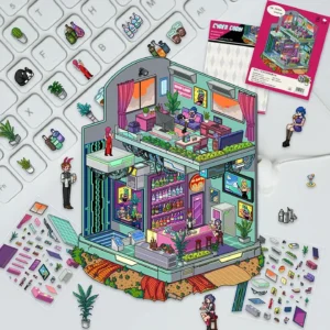 Level up your designs with ASMR Stickers’ 3D Scene Sticker | Cyber Room. This futuristic sticker showcases a multi-level space with a neon-lit lounge, tech-savvy bar, rooftop garden, and cool characters enjoying cyber life. Made with layered PET material for immersive depth, it’s perfect for planners, journals, scrapbooks, and DIY projects. Ideal for fans of cyberpunk style, this sticker brings sci-fi charm, vivid details, and playful imagination to every creative space. Add a digital twist to your crafts with this unique Cyber Room sticker!