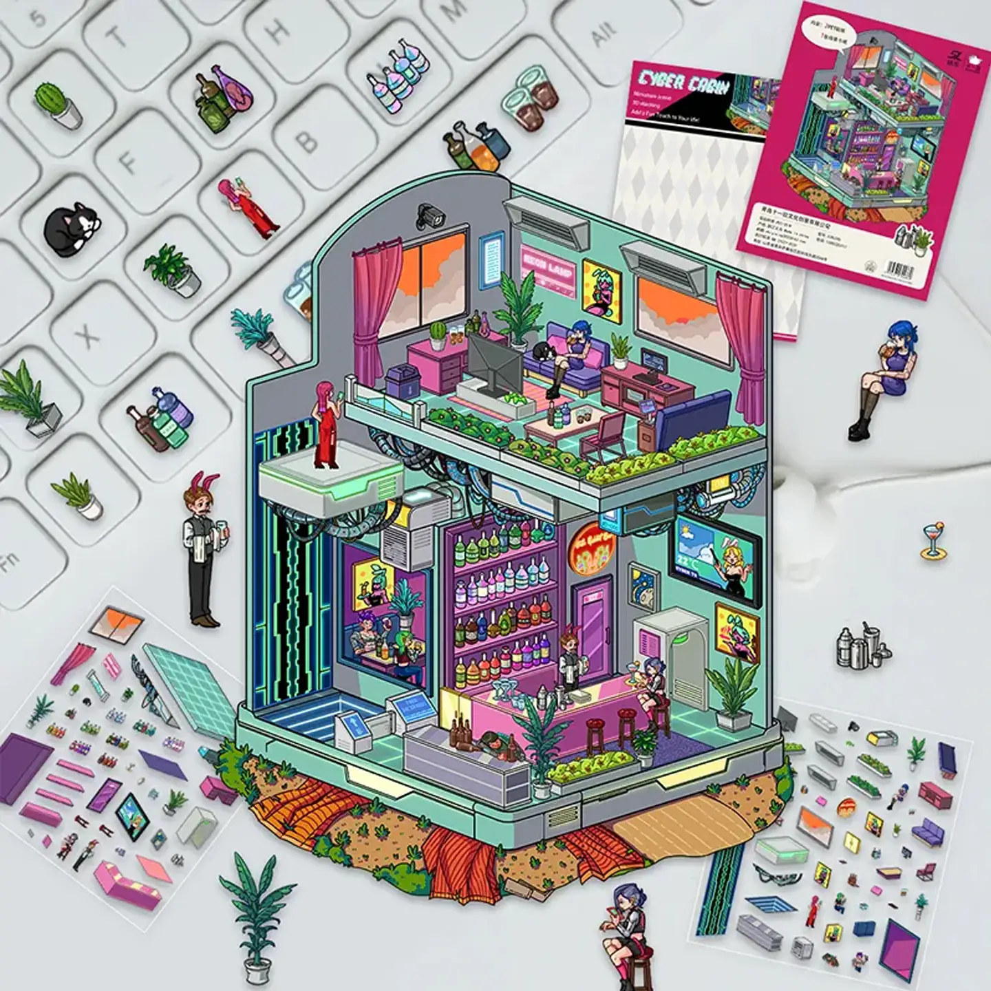 Level up your designs with ASMR Stickers’ 3D Scene Sticker | Cyber Room. This futuristic sticker showcases a multi-level space with a neon-lit lounge, tech-savvy bar, rooftop garden, and cool characters enjoying cyber life. Made with layered PET material for immersive depth, it’s perfect for planners, journals, scrapbooks, and DIY projects. Ideal for fans of cyberpunk style, this sticker brings sci-fi charm, vivid details, and playful imagination to every creative space. Add a digital twist to your crafts with this unique Cyber Room sticker!