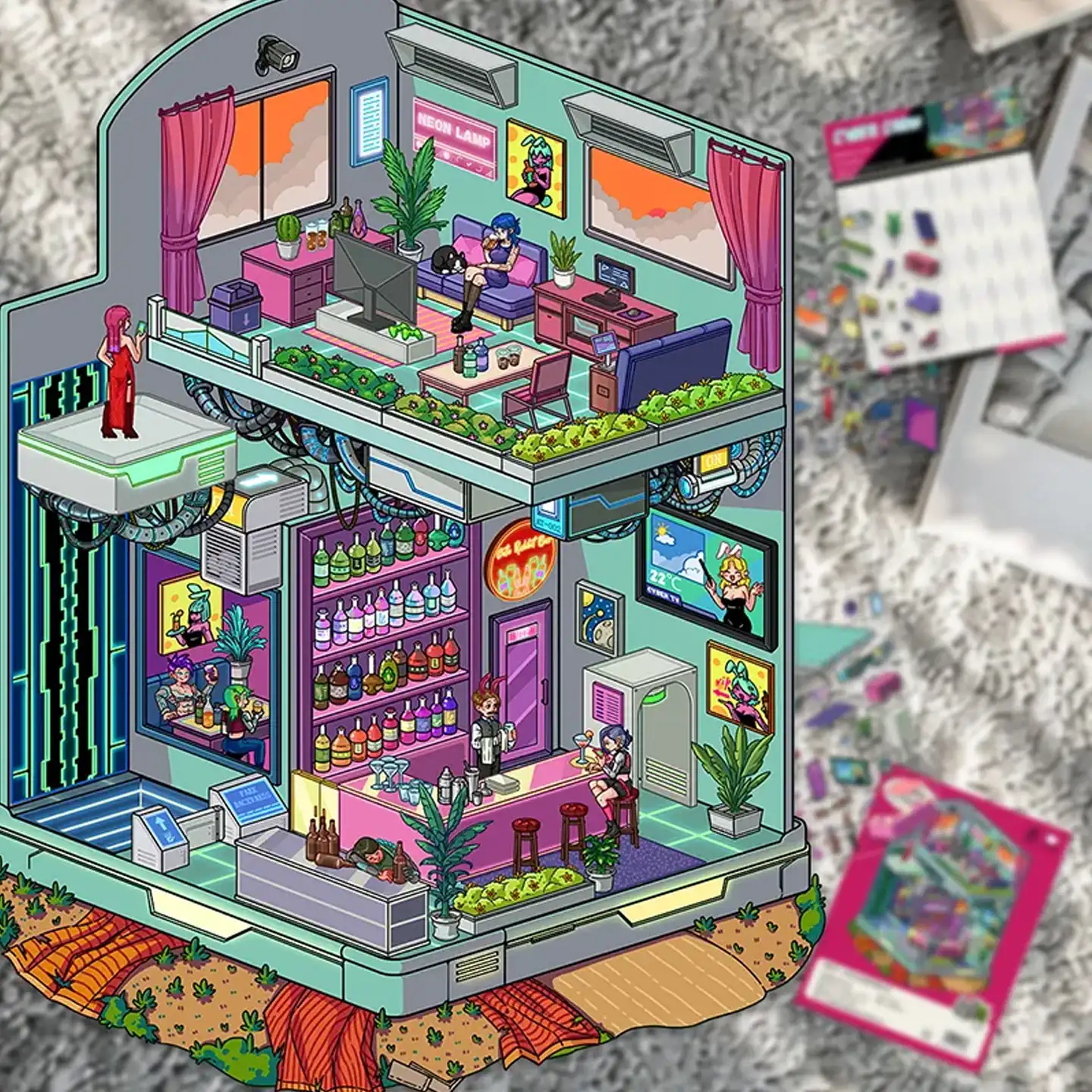 Level up your designs with ASMR Stickers’ 3D Scene Sticker | Cyber Room. This futuristic sticker showcases a multi-level space with a neon-lit lounge, tech-savvy bar, rooftop garden, and cool characters enjoying cyber life. Made with layered PET material for immersive depth, it’s perfect for planners, journals, scrapbooks, and DIY projects. Ideal for fans of cyberpunk style, this sticker brings sci-fi charm, vivid details, and playful imagination to every creative space. Add a digital twist to your crafts with this unique Cyber Room sticker!