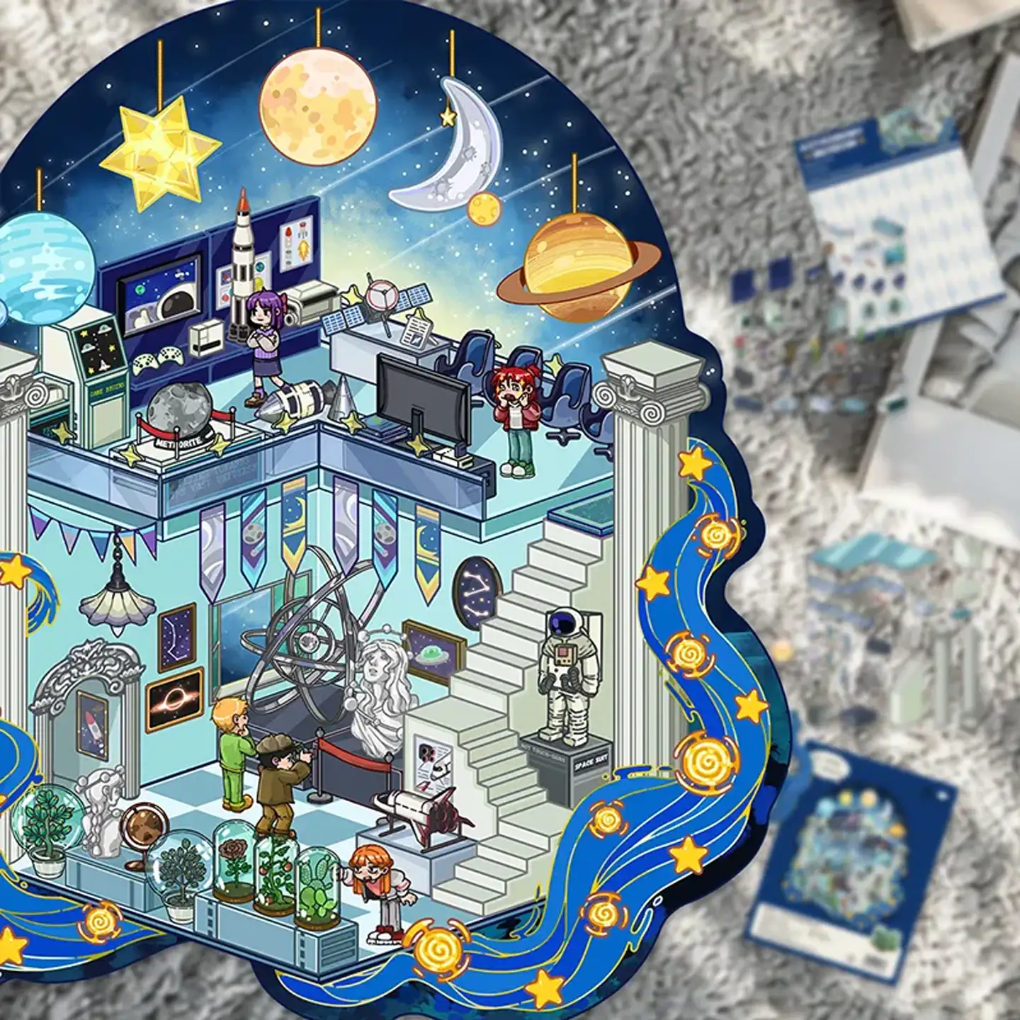 Embark on a space adventure with ASMR Stickers’ 3D Scene Sticker | Astronomy Museum. This layered PET sticker showcases an interactive cosmic museum with astronauts, telescopes, vibrant planets, and moon displays. Ideal for journals, planners, scrapbooks, and DIY crafts, it brings depth, discovery, and interstellar charm to your designs. Perfect for space lovers, kids, and creatives, this sticker transforms any page into a galaxy of imagination and exploration.