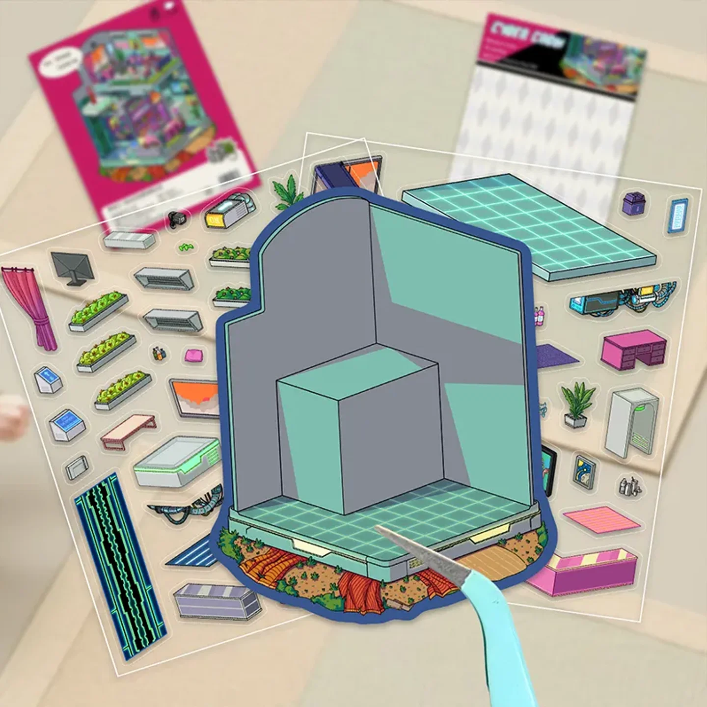 Level up your designs with ASMR Stickers’ 3D Scene Sticker | Cyber Room. This futuristic sticker showcases a multi-level space with a neon-lit lounge, tech-savvy bar, rooftop garden, and cool characters enjoying cyber life. Made with layered PET material for immersive depth, it’s perfect for planners, journals, scrapbooks, and DIY projects. Ideal for fans of cyberpunk style, this sticker brings sci-fi charm, vivid details, and playful imagination to every creative space. Add a digital twist to your crafts with this unique Cyber Room sticker!