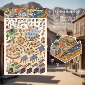Saddle up for adventure with ASMR Stickers’ Cat Town Scenery Sticker Set – 4 Themes – Cat Western Town. This playful 3D sticker set features feline sheriffs, vintage trains, wild west buildings, and quirky saloons—all crafted in layered PET for stunning depth. Perfect for journals, scrapbooks, planners, and DIY projects, it brings storytelling magic and retro charm to your creative space. Ideal for cat lovers and collectors, it adds a whiskered twist to western scenery!