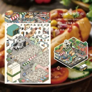 Start your day with charm and whiskers! Cat Town Scenery Sticker Set – 4 Themes – Cat Breakfast Street by ASMR Stickers brings a lively feline café scene to life. Featuring cheerful cats enjoying coffee, pastries, and a vibrant street full of cozy buildings, this 3D layered PET sticker set includes one scene card and two sticker sheets. Perfect for planners, scrapbooks, journals, and DIY projects, it adds warm storytelling and delicious fun to any design. Ideal for cat lovers and breakfast fans who adore whimsical sticker adventures!