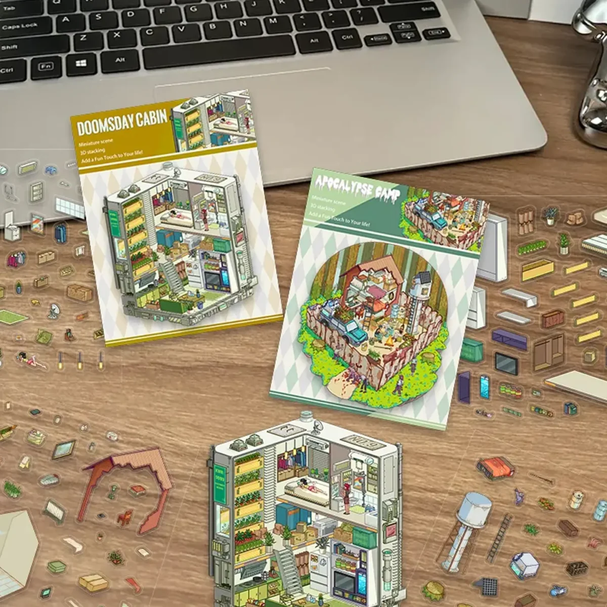 Get ready for chaos and survival with ASMR Stickers’ Doomsday Survival 3D Scene Stickers – Apocalyptic Camp & Shack. One scene features a fenced-in base with gear, fire pit, solar tower, and zombies outside. The other shows a shipping container-style shack with a bedroom, kitchen, bathroom, and tool room packed with supplies. Made with layered PET for strong 3D depth, this sticker set is perfect for journals, planners, scrapbooks, and DIY projects. Great for zombie fans, preppers, and post-apocalyptic sticker lovers!