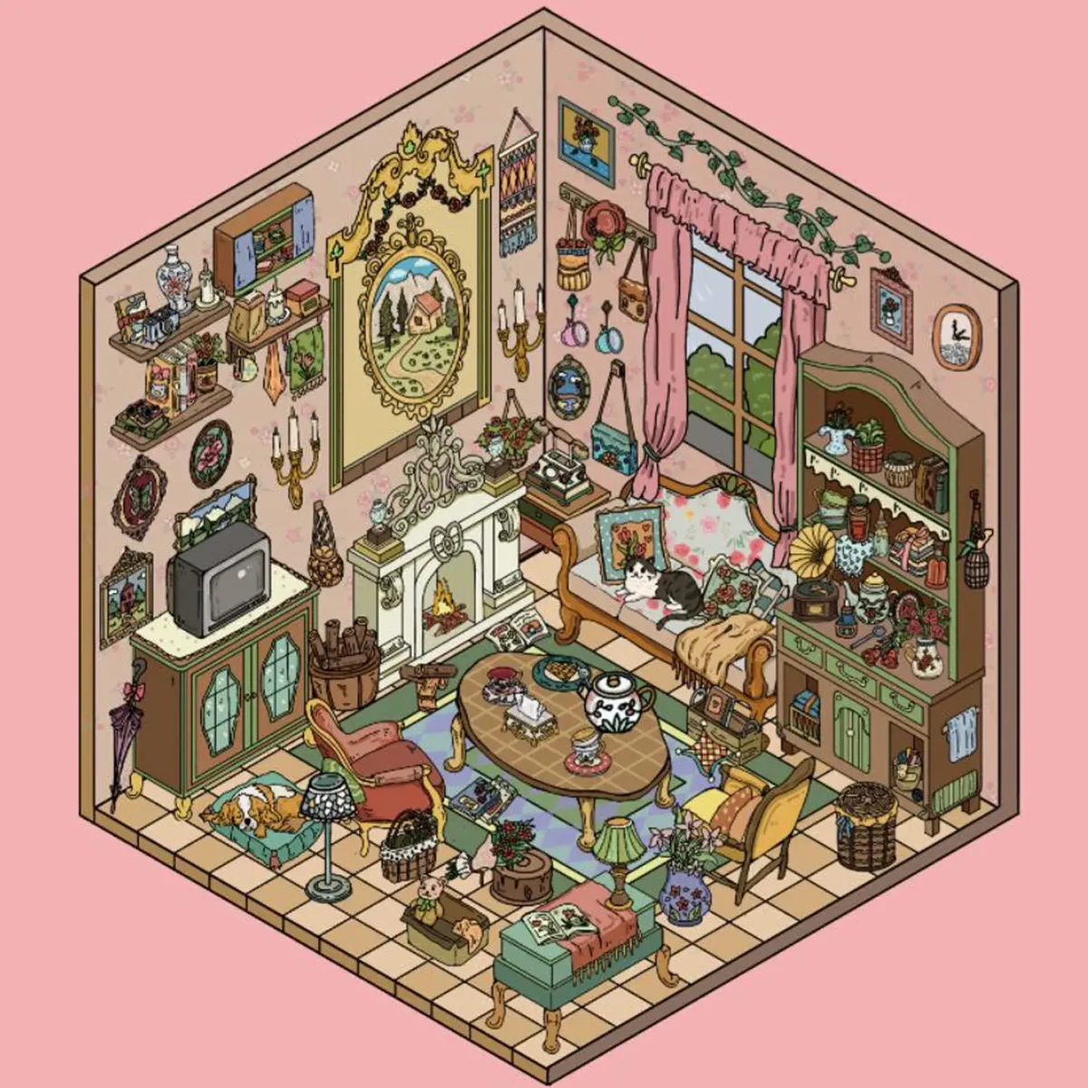 Add cozy charm to your crafts with ASMR Stickers’ Sweet Room Scene Sticker – Bedroom & Living Room. This PET sticker showcases a vintage-style living room with a fireplace, classic furniture, leafy plants, and a laid-back cat. Ideal for planners, journals, and scrapbooks, it sparks warmth, nostalgia, and creative storytelling. Perfect for decor lovers and cat fans alike—your pages just got homier!