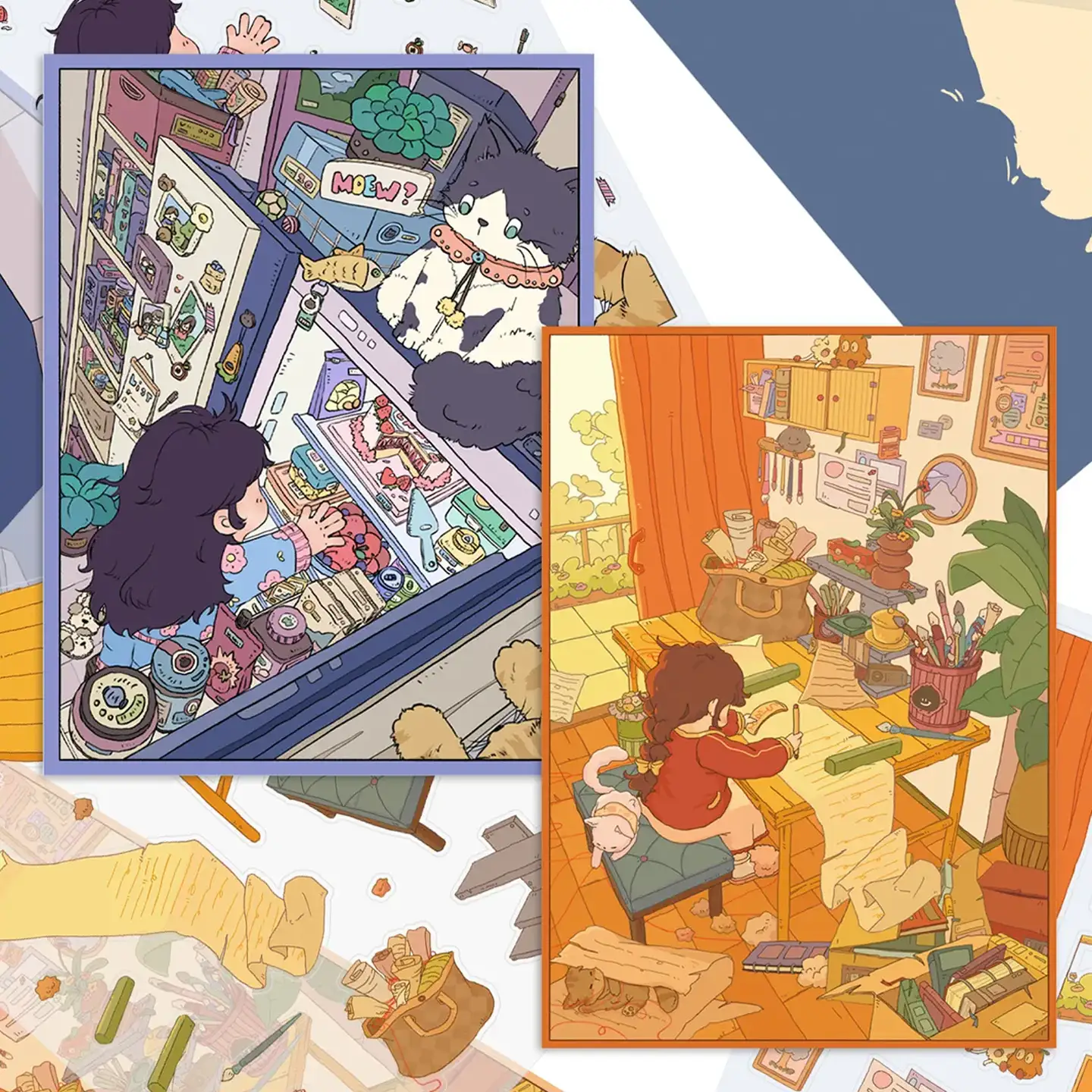 Discover double the delight with ASMR Stickers’ Sneaky Snacks & Secret Calligraphy 3D Cute Scene Sticker Set. This layered PET collection includes instruction cards, multiple sticker sheets, postcards, and special holographic and auxiliary overlays. One scene shows a curious cat perched atop a fridge as its owner sneaks cakes, fruits, and drinks; the other brings a cozy calligraphy nook to life with a wooden desk, ink bottles, open notebooks, plants, and a curling cat. Perfect for planners, journals, scrapbooks, and DIY crafts—infuse your projects with kawaii charm, storytelling flair, and creative inspiration.