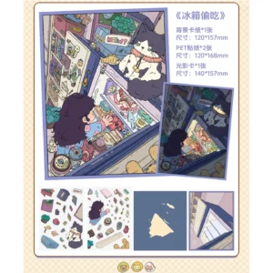 Peek into midnight mischief with ASMR Stickers’ Sneaky Snacks & Secret Calligraphy | 3D Cute Scene Sticker. This layered PET set includes an instruction card, two sticker sheets, a postcard, and a holographic card. A curious cat perches atop the fridge, watching its owner quietly grab cakes, fruits, and drinks. Vivid colors and bold depth bring every snack to life. Perfect for planners, journals, scrapbooks, and DIY crafts—add playful storytelling and kawaii charm to your stationery collection!